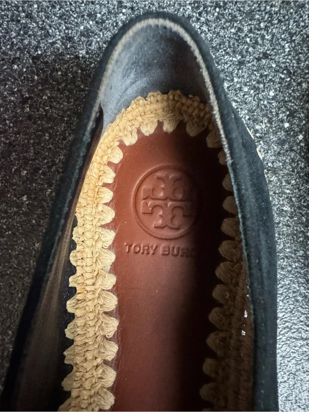 Tory Burch Black Suede Flats with Natural Raffia Trim